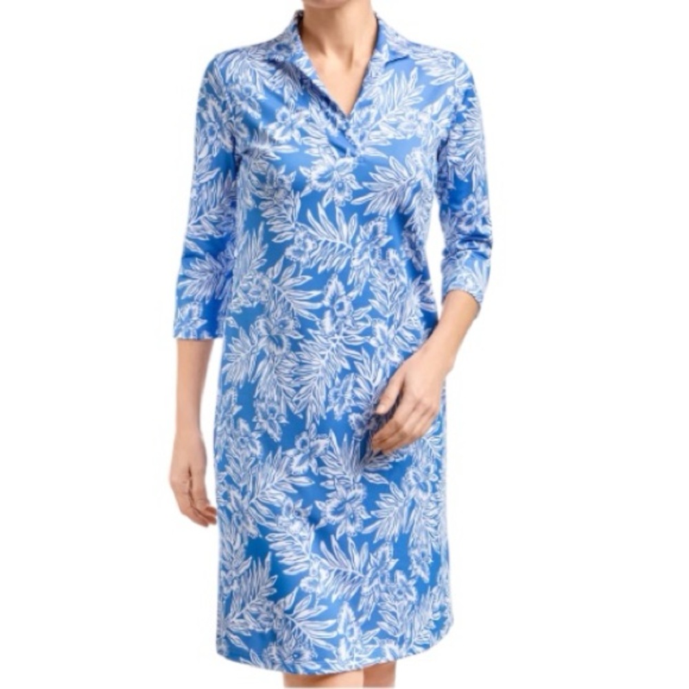 Leggiadro Knit Polo Collar Dress Hawaiian Blue White 14